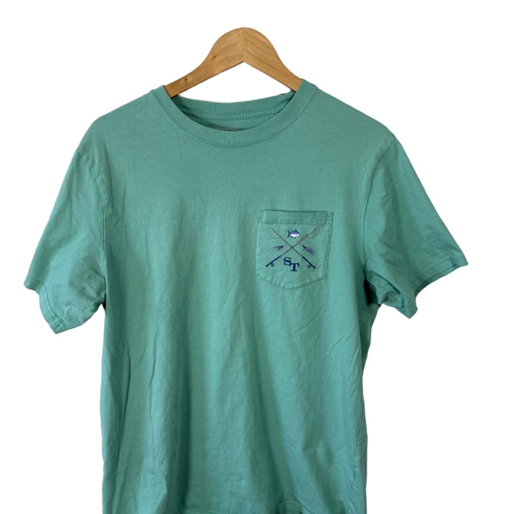 Southern Tide Fly Fishing Graphic Tee Aqua Blue Pocket Shirt Size M
